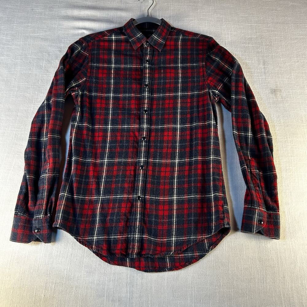 Zara Flannel Shirt Men Small Slim Fit Blue/Red classic Plaid Long-Sleeve Snap